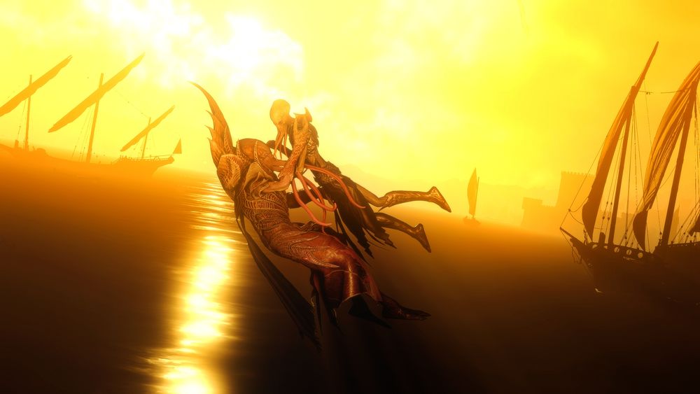 bg3 screenshot of the emperor and an illithid tav mid-fall from the netherbrain in front of the endgame docks