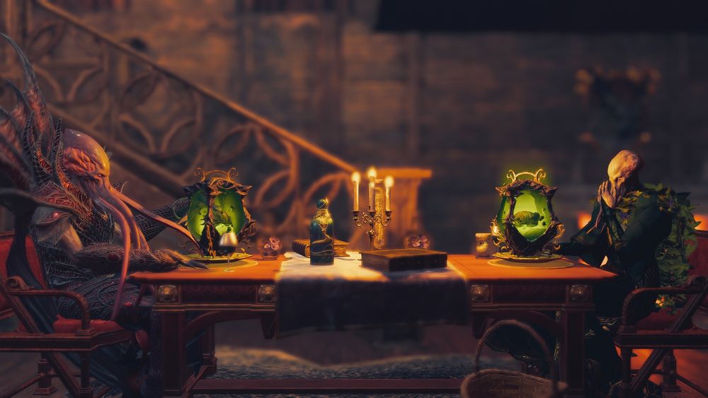 bg3 screenshot of the emperor and an illithid tav sitting at a long dinner table, brains in glowing green jars on their plates