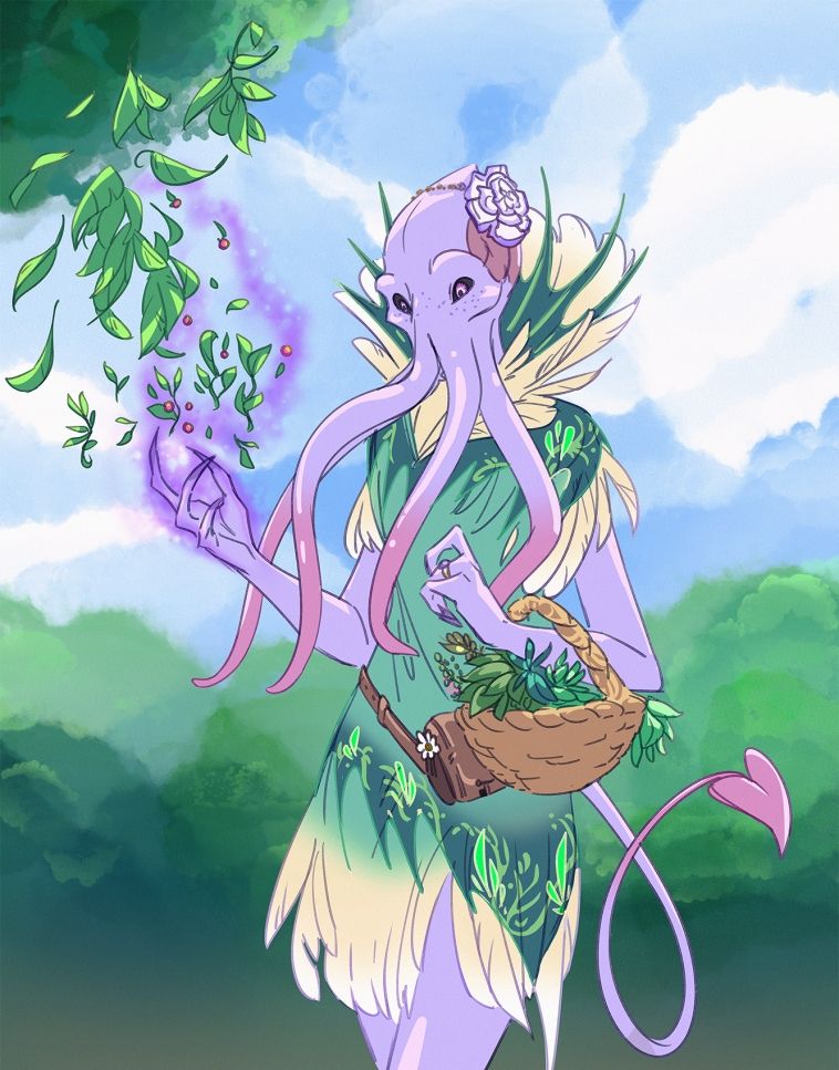 An illithid Tav from BG3 (Baldur's Gate 3) druid gathering berries from a tree. They're wearing a leafy dress and carrying a basket of other herbs and berries in their other arm. Art is by @embrace-your-illithid on tumblr <3