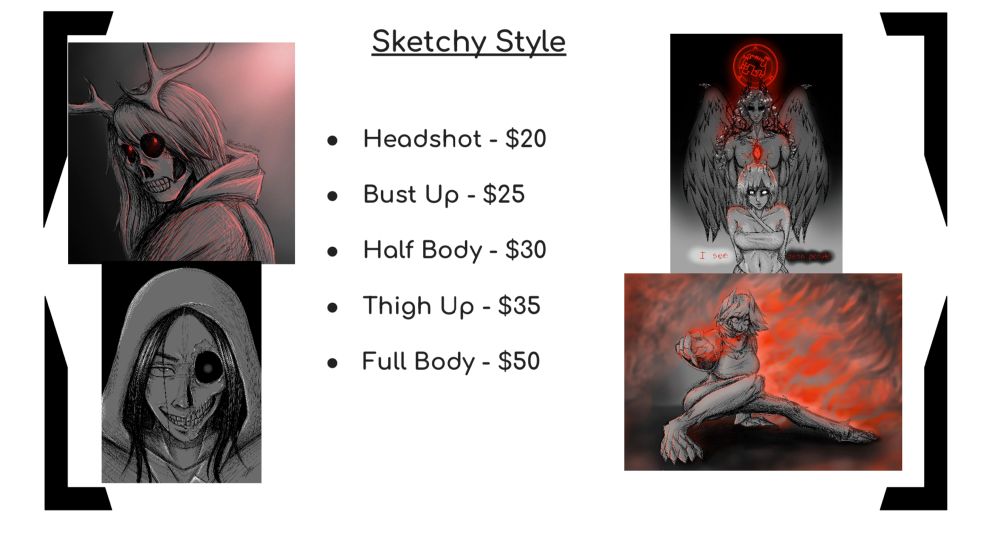 Sketchy Style prices: Headshot is $20, Bust up is $25, Half Body is $30, Thigh Up is $35, and full body is $50