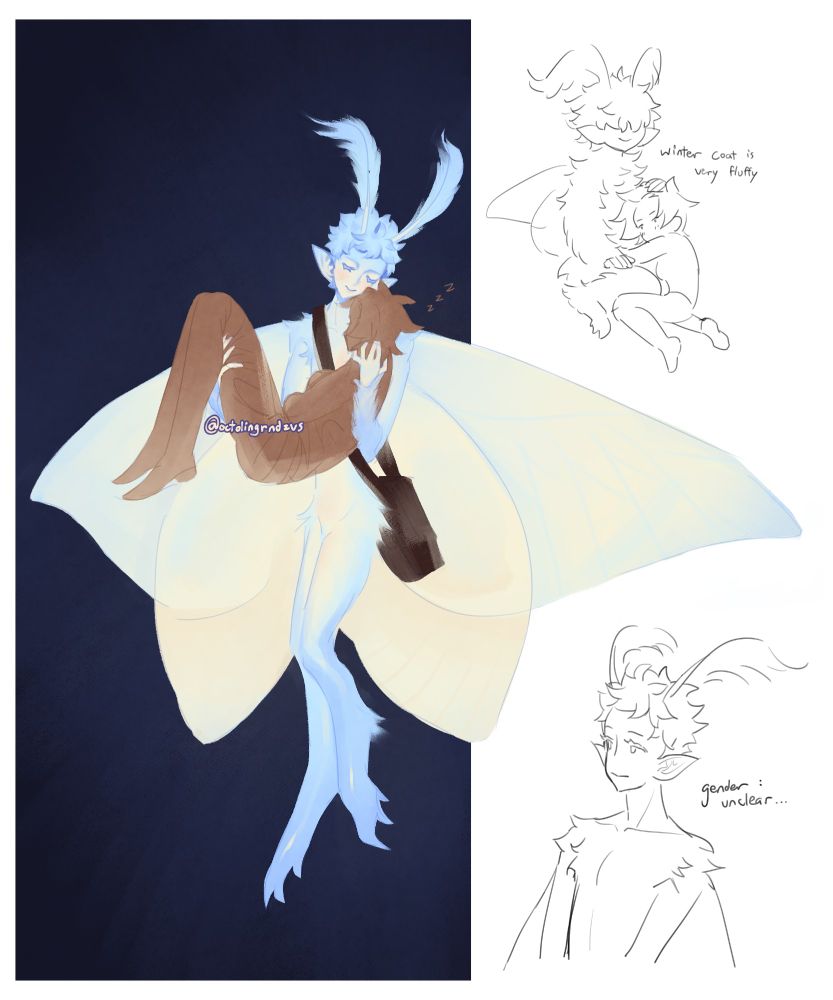 gentle snow, a pale blue and yellow humanoid with moth features, notably antennae, wings, some fur, and legs with an extra joint. carrying a sleeping antcha and antcha's bag.