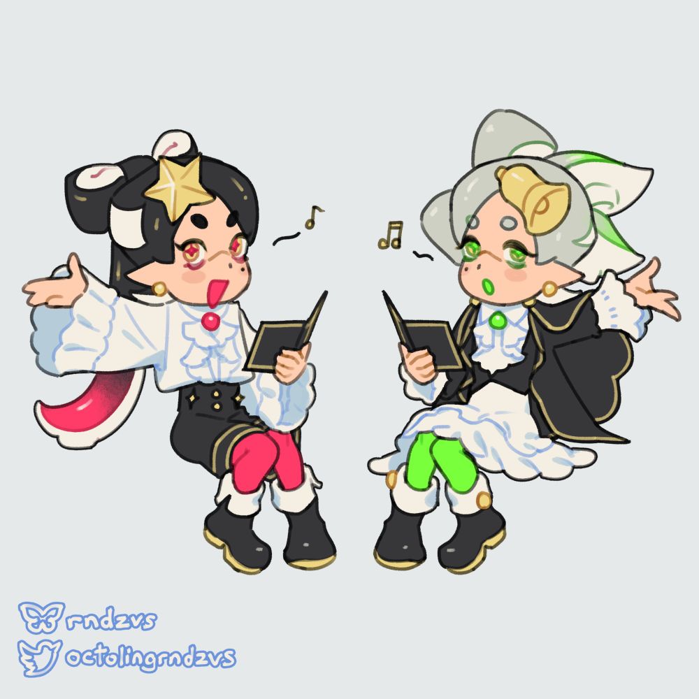 chibi callie and marie in mirrored poses singing