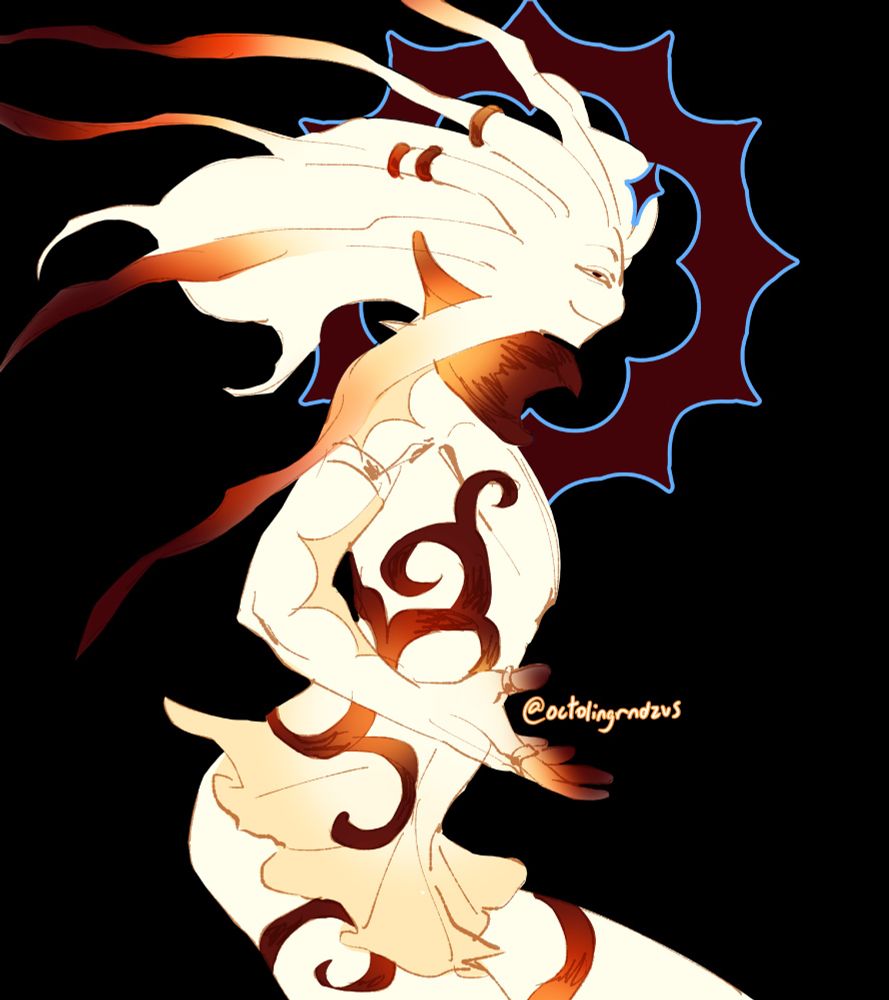 a mostly pale yellow humanoid figure with tendrils radiating off its head and a dark red sun-shaped halo. it squints at the viewer with an amused expression