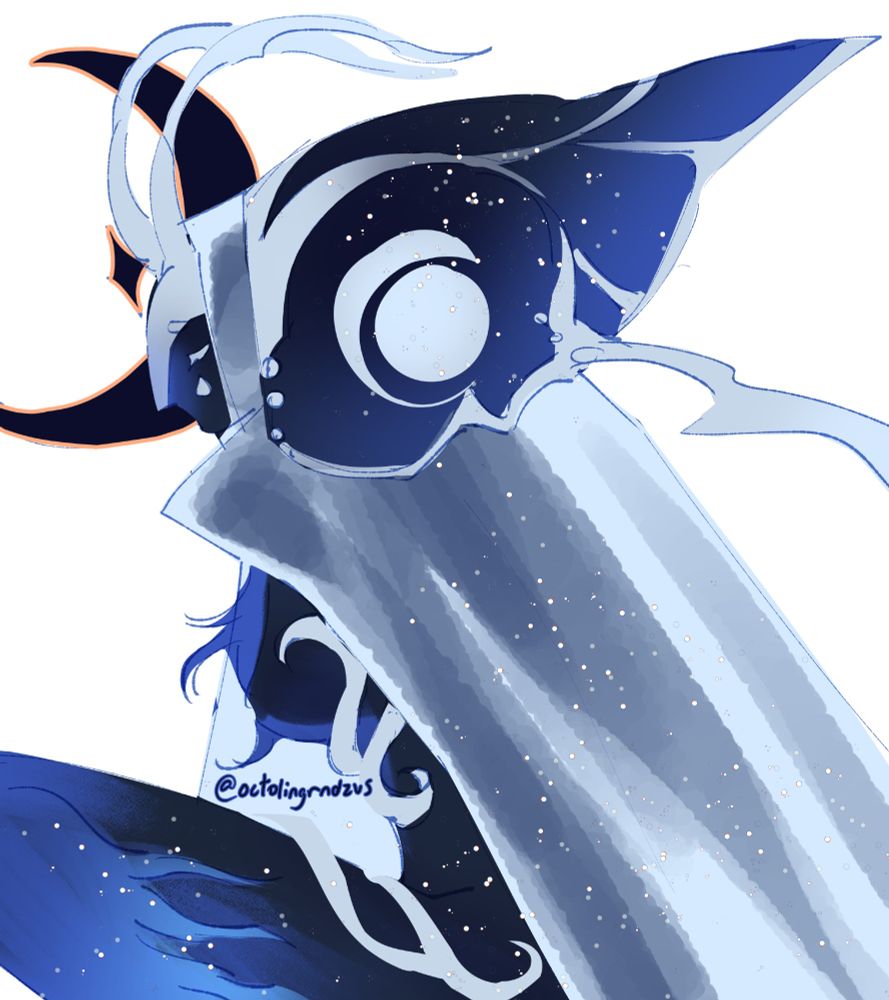 a mostly dark blue humanid figure with a white cloak and butterfly wings radiating off its head with a round "eyespot" marking, and a dark blue moon shaped halo. its eyes are closed in a sorrowful expression.