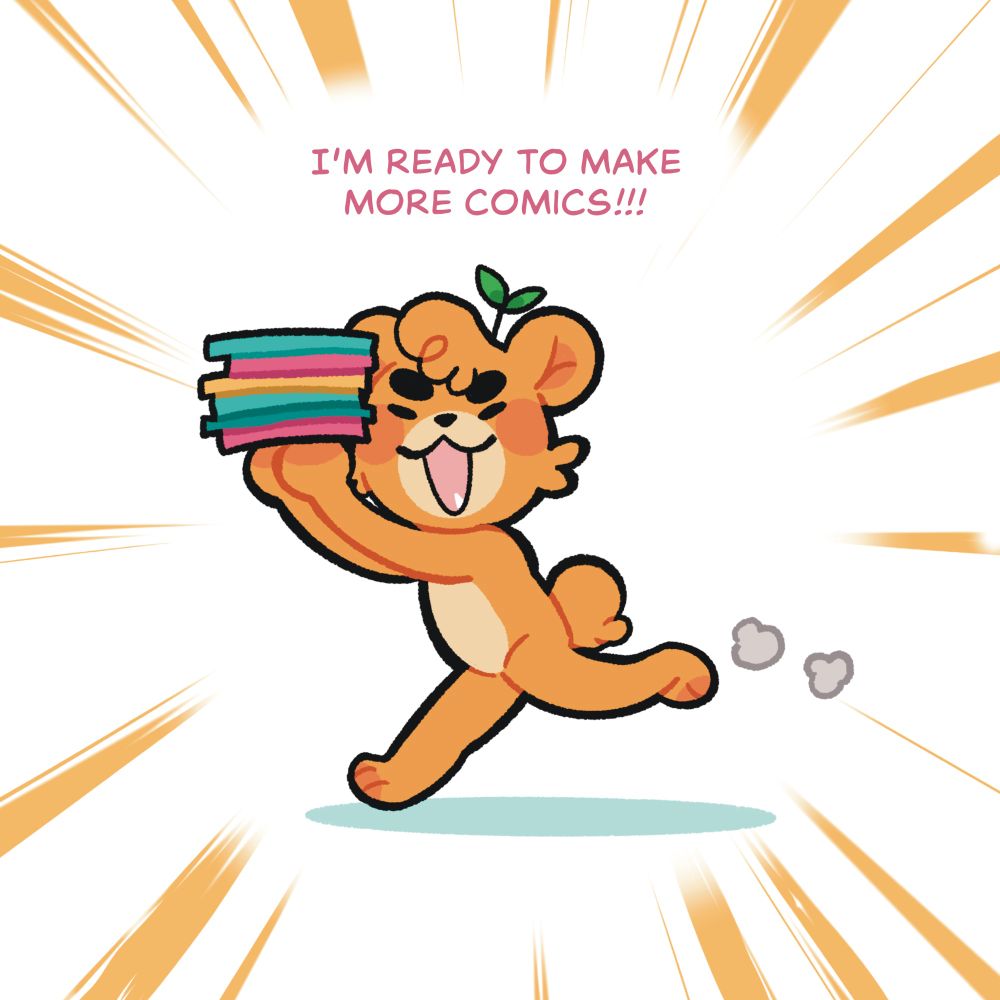 Hesitantdoodle yellow bear running with a stack of comics “I’m ready to make more comics!” 