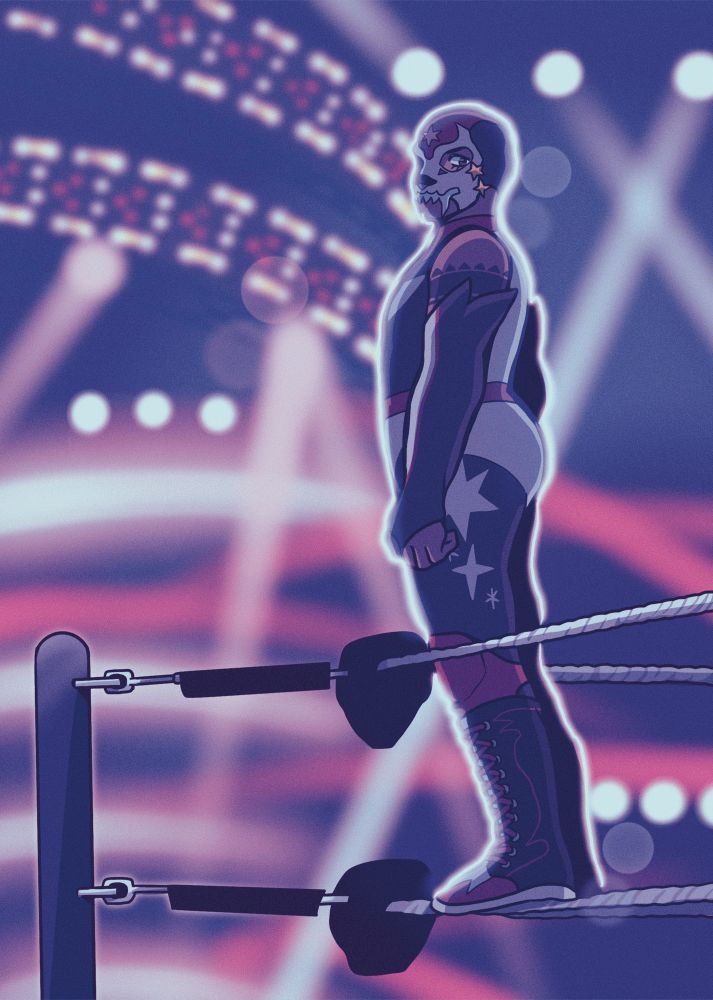 Oli from GUTS standing on the ropes of a wrestling ring beside the turnbuckles. She is illuminated by purple and red lights 