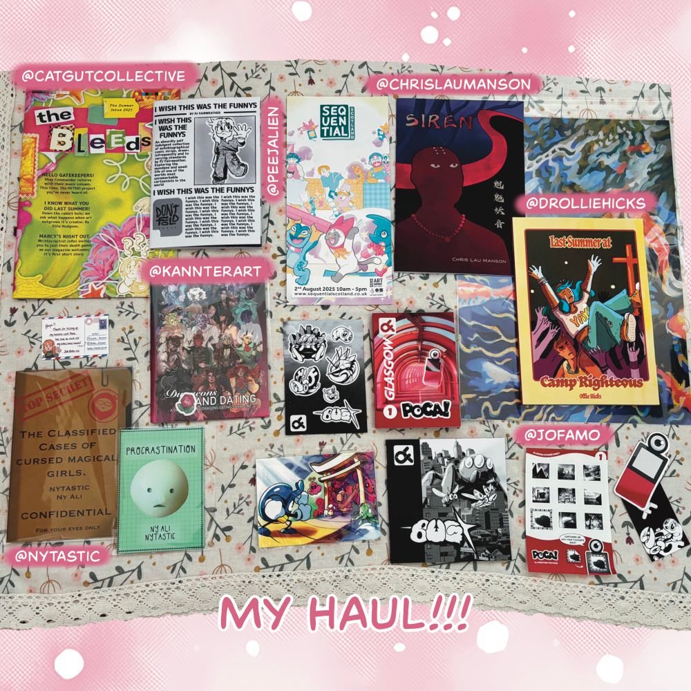 A photograph of various zines and comics arranged on a floral table cloth 