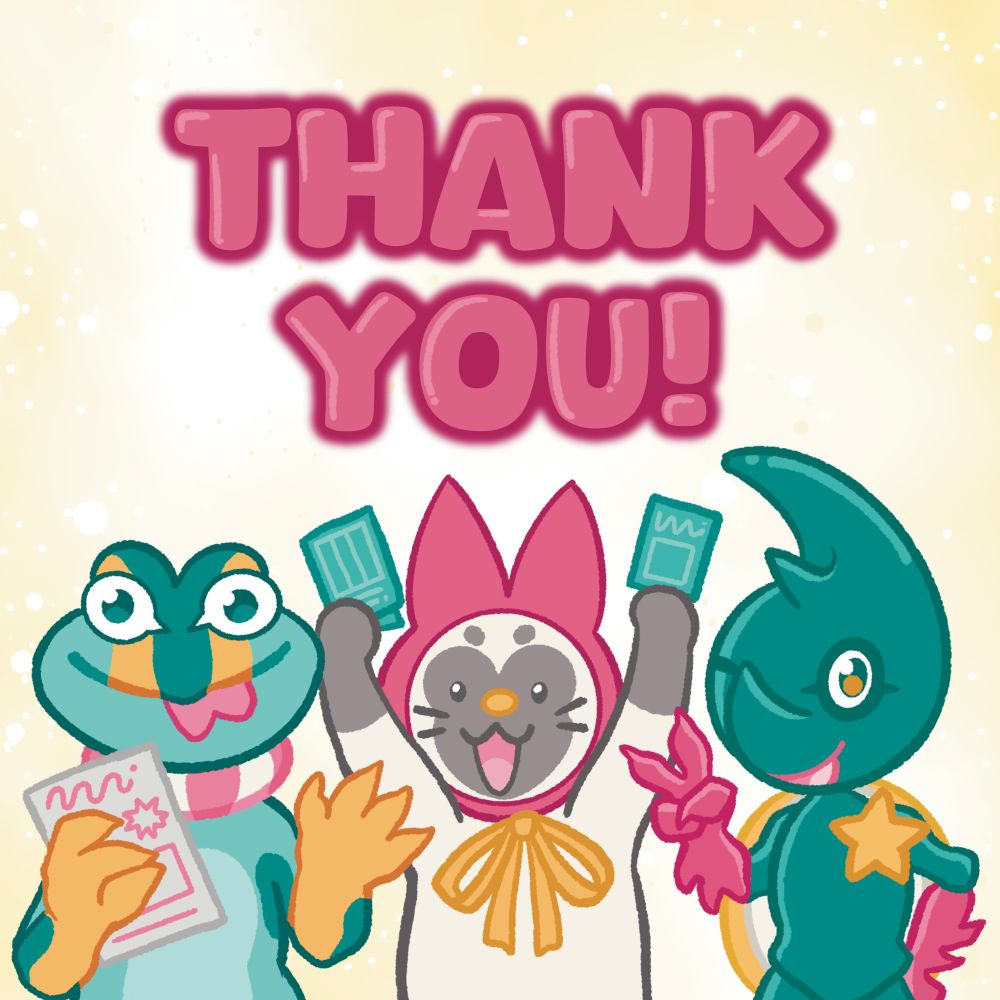 Colourful characters in a row with “Thank You” above them