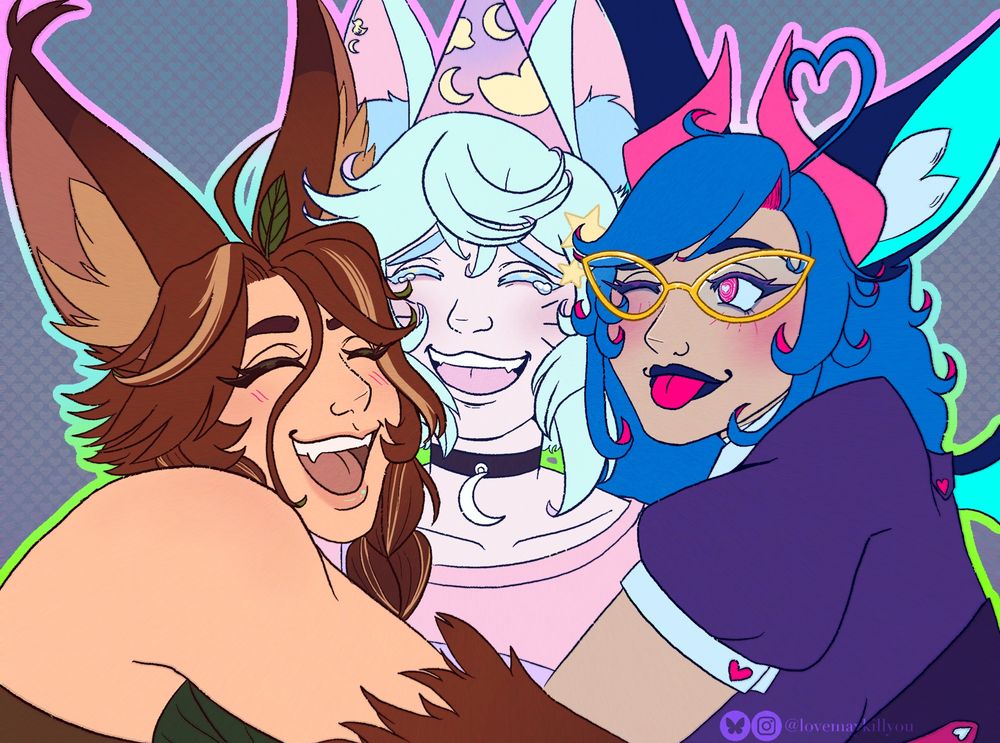 Three Friends hugging each the person in the middle that is their birthday. In order witchyhazell, kittenpartyduck and lovemaykillyou (Me!)