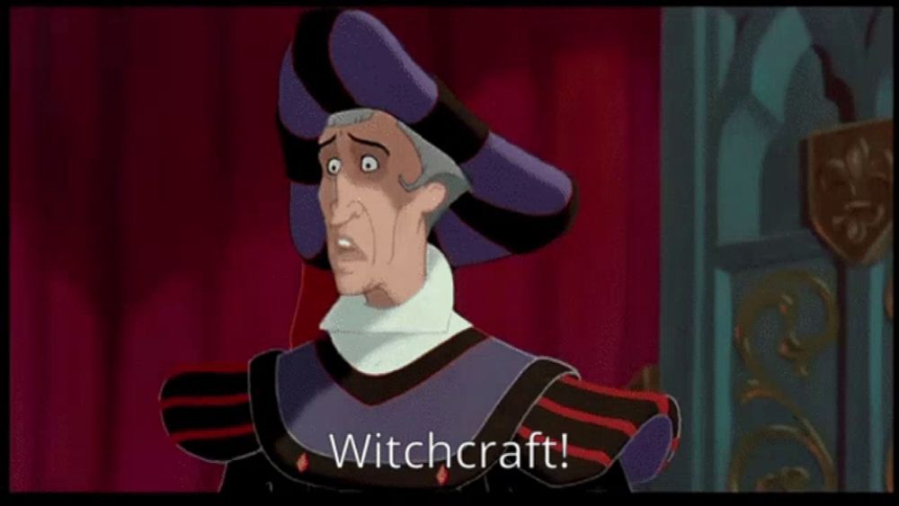 a cartoon character says witchcraft in front of a curtain