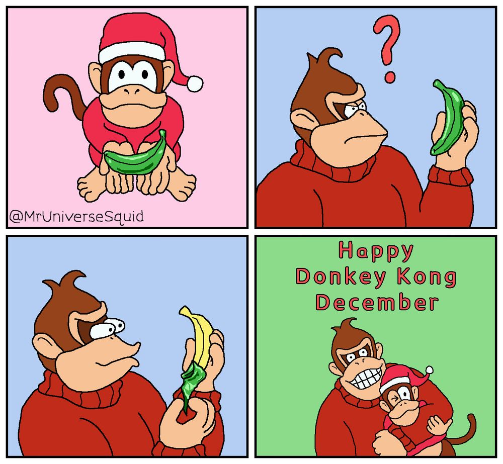 Diddy Kong gives Donkey Kong a Christmas present. It is obviously a wrapped banana but Donkey Kong is confused as to what it could be. He is pleasantly surprised to find it out it's a banana. Donkey Kong gives Diddy a hug with the "Happy Donkey Kong December" displayed above them.