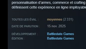 2331 évaluations Steam d'Escape From Tarkov, estimées à "moyennes"