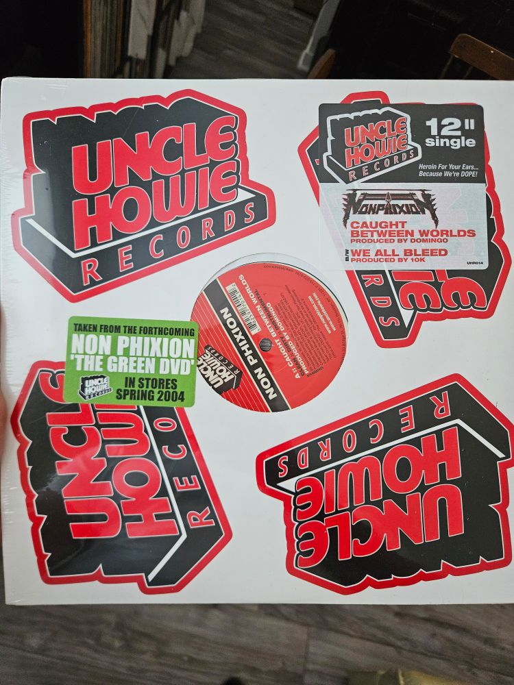 A 12" vinyl single from Uncle Howie Records containing tracks "Caught Between Worlds" and "We All Bleed" from the 2004 Non Phixion album 'The Green DVD'.