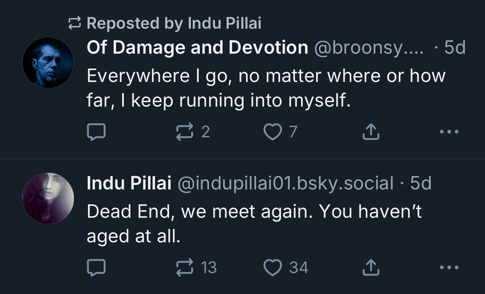 Reposted by Indu Pillai
Of Damage and Devotion @broonsy.... • 5d
Everywhere I go, no matter where or how far, I keep running into myself.
2
①
...
Indu Pillai @indupillai01.bsky.social • 5d
Dead End, we meet again. You haven't aged at all.
₴
