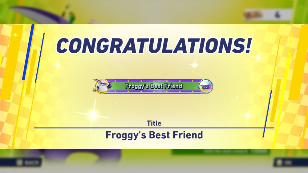 The unlock screen for the "Froggy's Best Friend" title in Sonic Racing: Crossworlds.