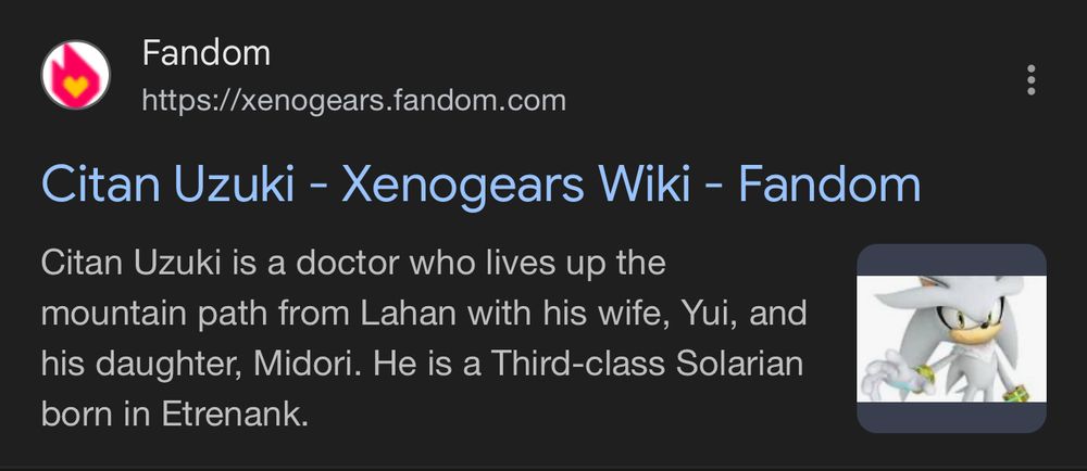 The Google results preview for the Citan Uzuki page on the Xenogears Wiki. The image next to the preview is Silver the Hedgehog.