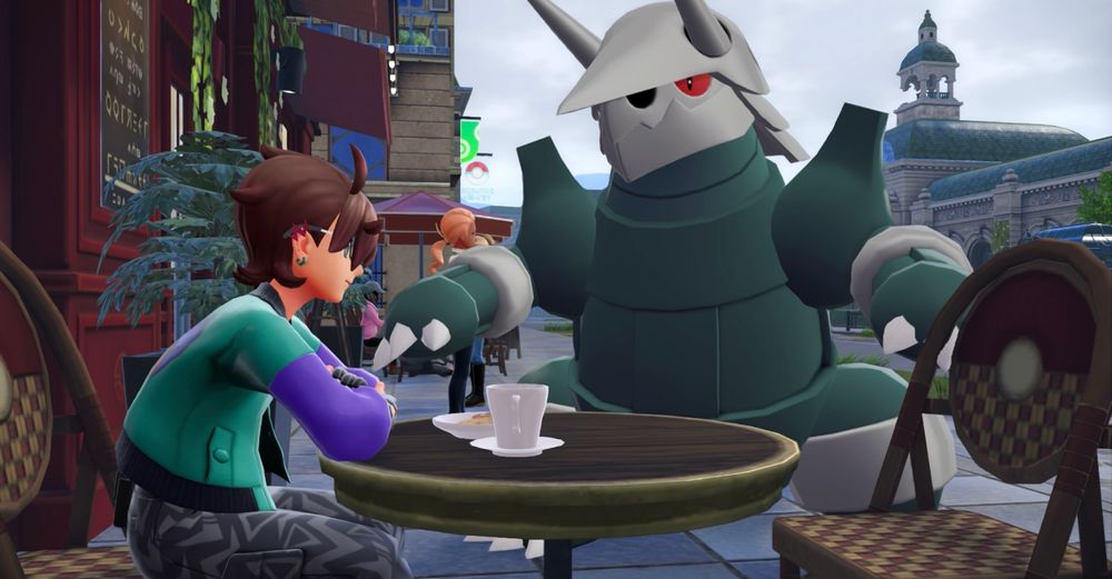 A screenshot of Pokémon Legends: Z-A. A shiny Aggron looks down at its Trainer, who is sitting outside at a café and having a coffee.