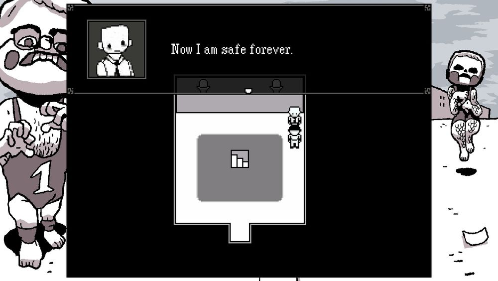 A screenshot of OFF. An Elsen standing in a white room says "Now I am safe forever." The game screen has a border showing two Secretaries - strange-looking baby-like monsters in wrestling singlets.