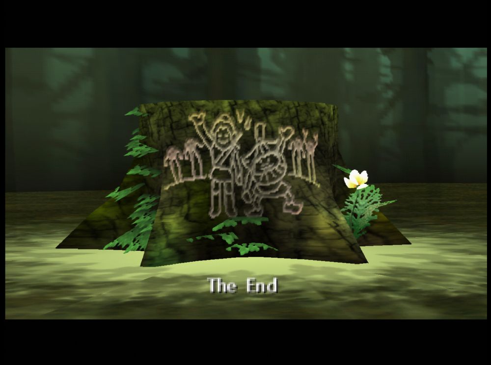 The "The End" screen from Majora's Mask, showing a tree stump with a carving of Link and the Skull Kid holding hands and waving with the Four Giants in the background.