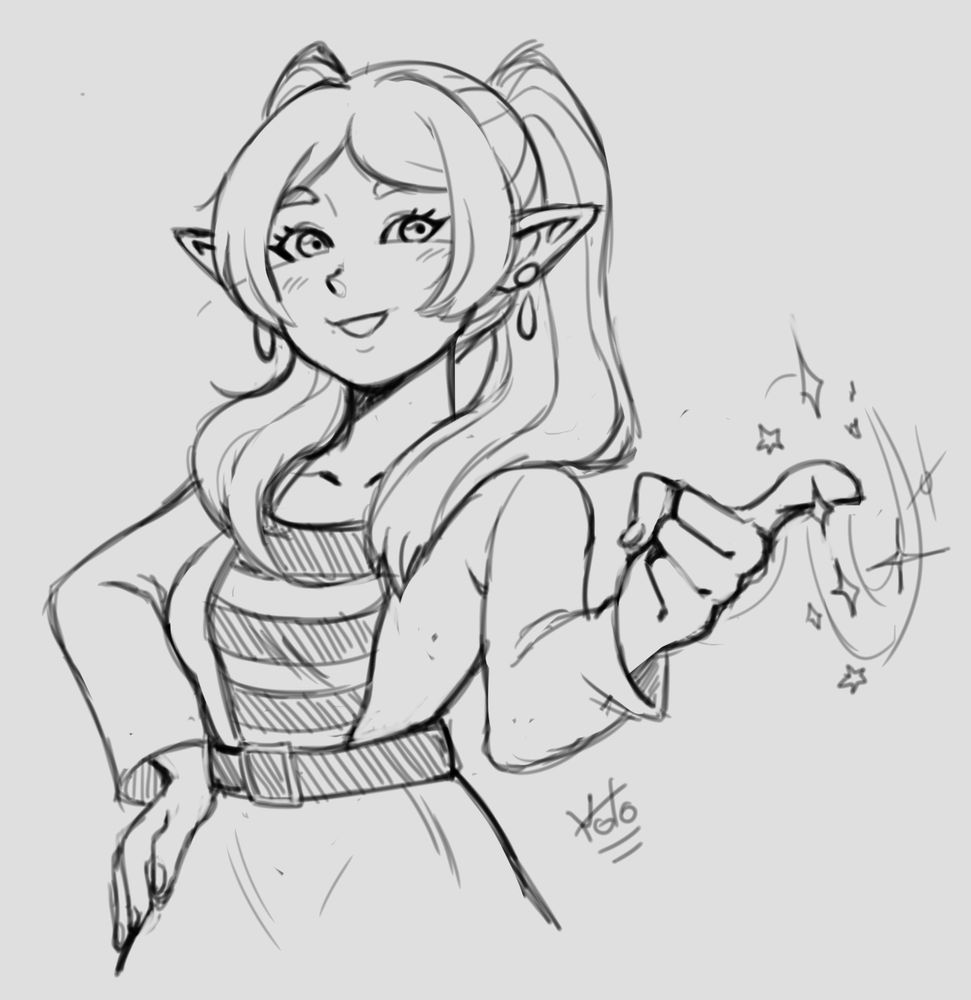 Frieren in just her underjacket swirling her finger with magic sparkles.