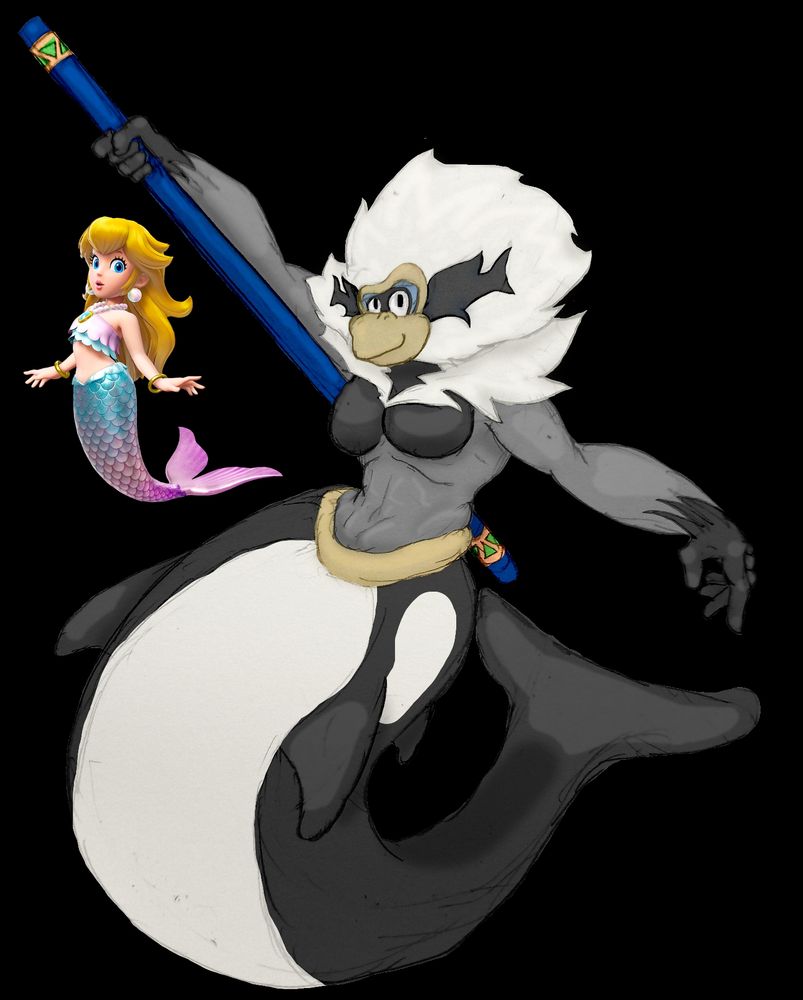 A powerup for Ukikong based on the Mermaid Peach transformation. Her lower half is modelled after an Orca whale, the accents around her eyes are fish-shaped, and her staff is blue. Her midriff is highlighted.