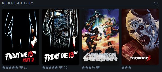Viernes 13 parte 2, cinco estrellas, revisionado. Viernes 13, cinco estrellas, revisionado. Conquest, tres estrellas y media. Terrifier 3, tres estrellas.