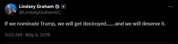 tweet by Lindsey Graham
@LindseyGrahamSC
If we nominate Trump, we will get destroyed.......and we will deserve it.
3:03 PM · May 3, 2016