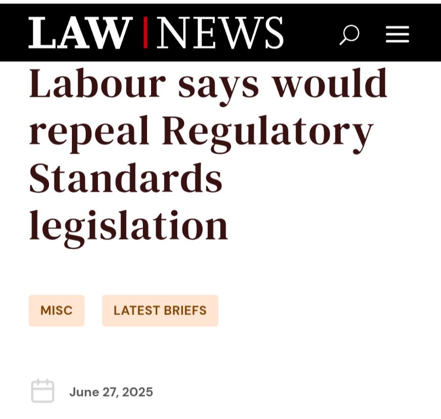 Labour says would repeal Regulatory Standards legislation

June 27, 2025

LawNews is an official publication of The Law Association of New Zealand Inc.
