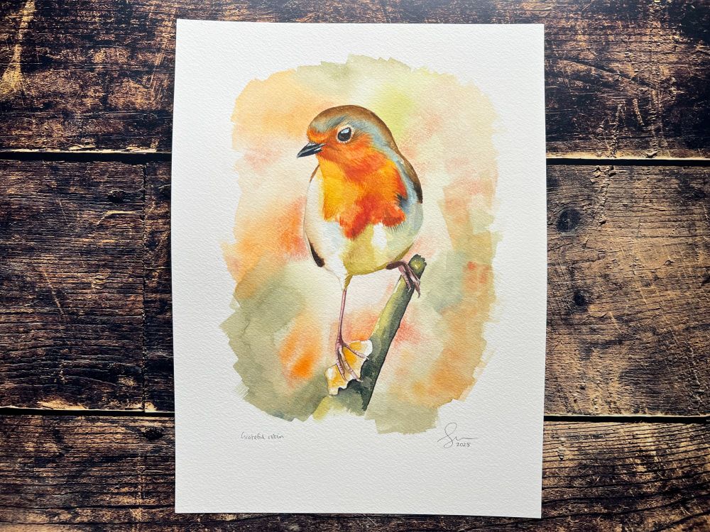 A watercolour painting of a robin, surrounded by a watercolour blur of autumnal colours.