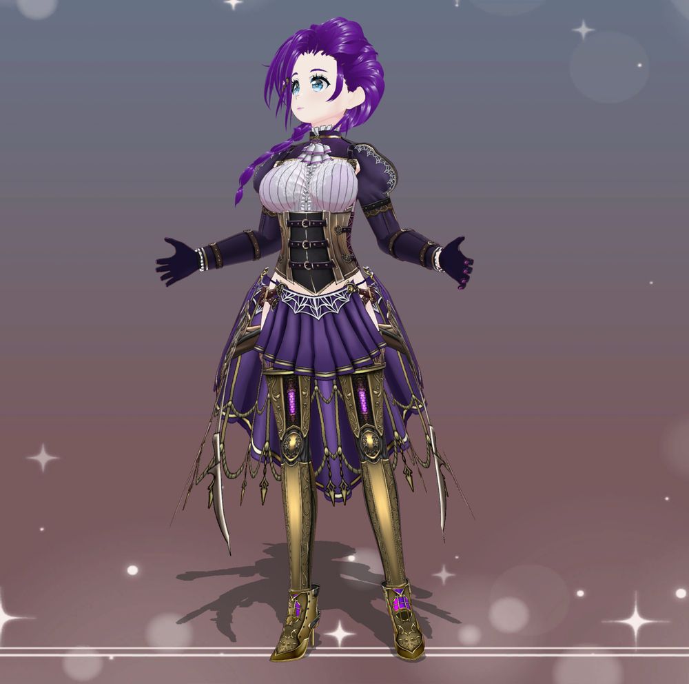 Picture of purple haired anime girl wearing a steam punk styled "spider themed" outfit with corset and mechanical legs