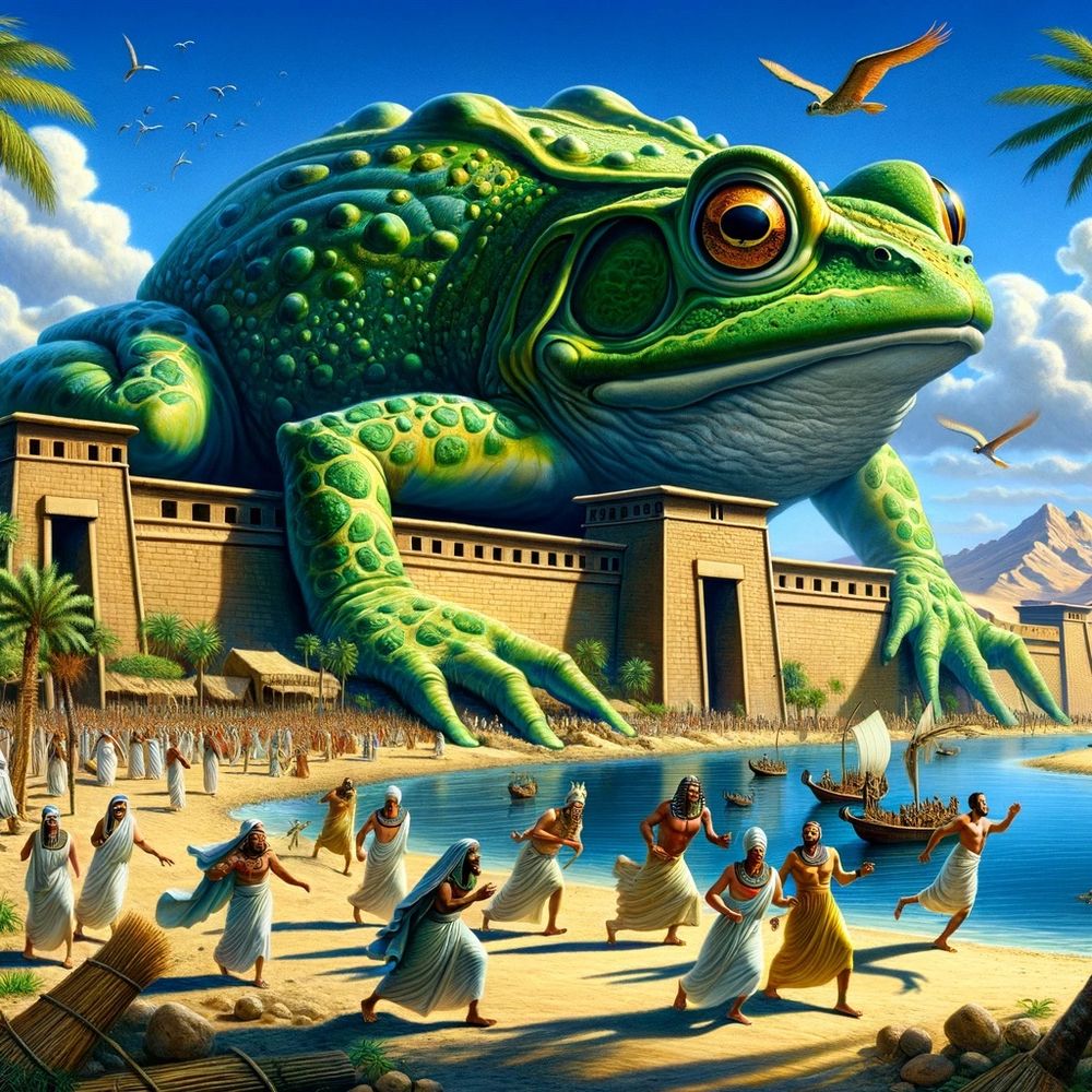 The image portrays a second whimsical scenario with a colossal frog reclining by an Egyptian river. The frog's skin is textured with various shades of green and detailed with organic patterns. Its oversized, bulging eyes have a sharp, reflective quality. Below, the scene is animated with individuals in traditional Egyptian attire, including headdresses and draped clothing, reacting to the frog's presence. They're situated by the riverside where palm trees and reeds grow, and traditional boats float on the water. Ancient stone structures with hieroglyphic inscriptions form the background, under a sky with a few scattered birds. A pyramid can be glimpsed in the distant desert, completing the classical Egyptian ambiance.