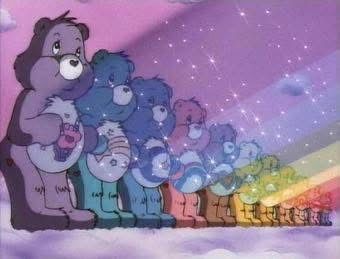 the carebears in a line, using their stomachs to light a rainbow like in the movies 