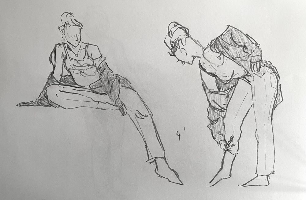 Two Pencil sketches of a woman with a gray jacket, first she sits with one leg straight, second she leans forward to her leg. 4‘ is written in between them