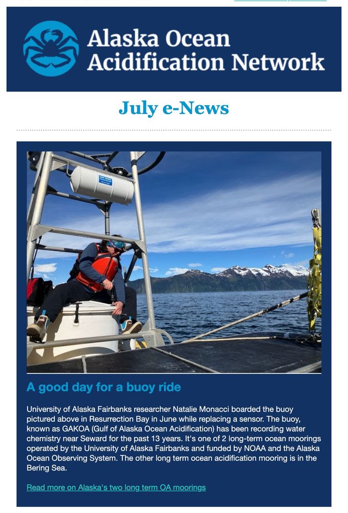 Screenshot of the Alaska Ocean Acidification Network July eNewsletter shows an oceanographer sitting on a research buoy in the Gulf of Alaska.
