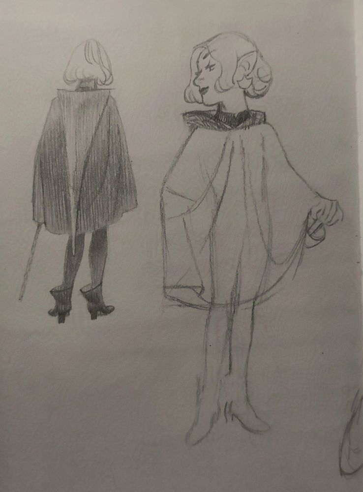 Pencil sketches of Tadzio, one from the front , the other from the back. He is a small effeminate gnome rogue, his black cape to the knees provided with the liripipe medieval hood, adherent black pants and cute low heel black boots, he has an elegant position, standing, with a hand gently positioned on his foil attached to the belt 