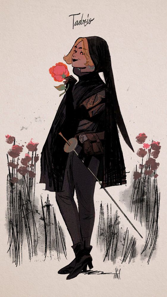 My dnd character Tadzio Dachbodenmouse, on his feet, a semi profile. He is young, short, thin, wears only black, he has a medieval cape that hides most of him. Underneath: medieval adherent trousers. From the hood we see his face, very feminine, black lipstick, blonde jaw bob. He holds a rose in his hand with an elegant attitude.