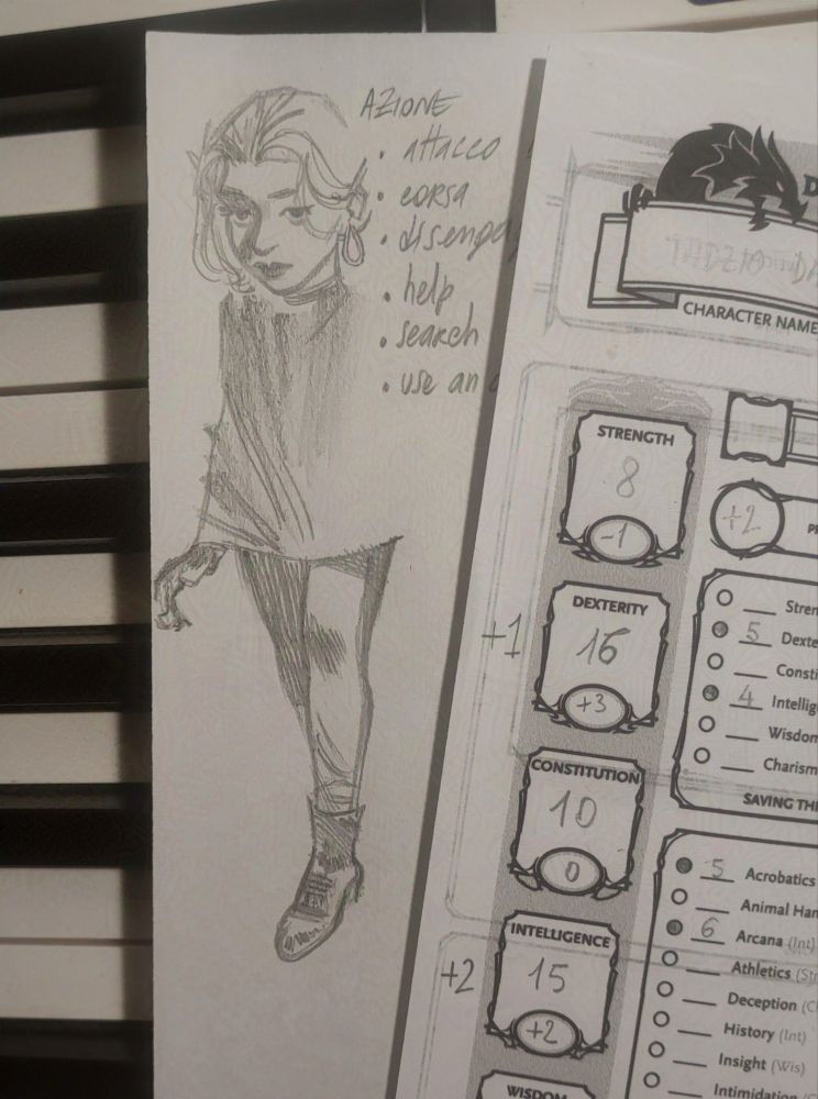Tadzio, drawn by pencil alongside the dnd character pages. He is just standing. Attention to his nice blond hair and cute earring.