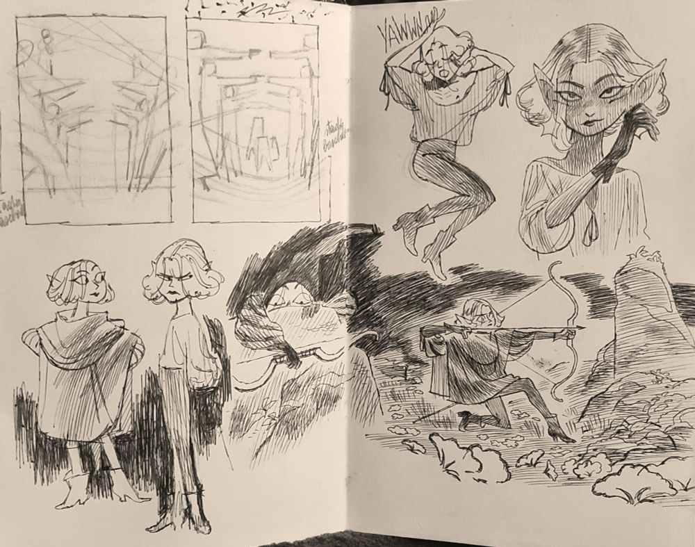 Sketches on my sketchbook of the little rougue gnome Tadzio, made with a black pen and lots of lines to define values. 
In some positions he his standing, in other he throw arrows with his shortbow, in others he is absolutely fabulous, just waking up in a pinup position or adjusting his earring 