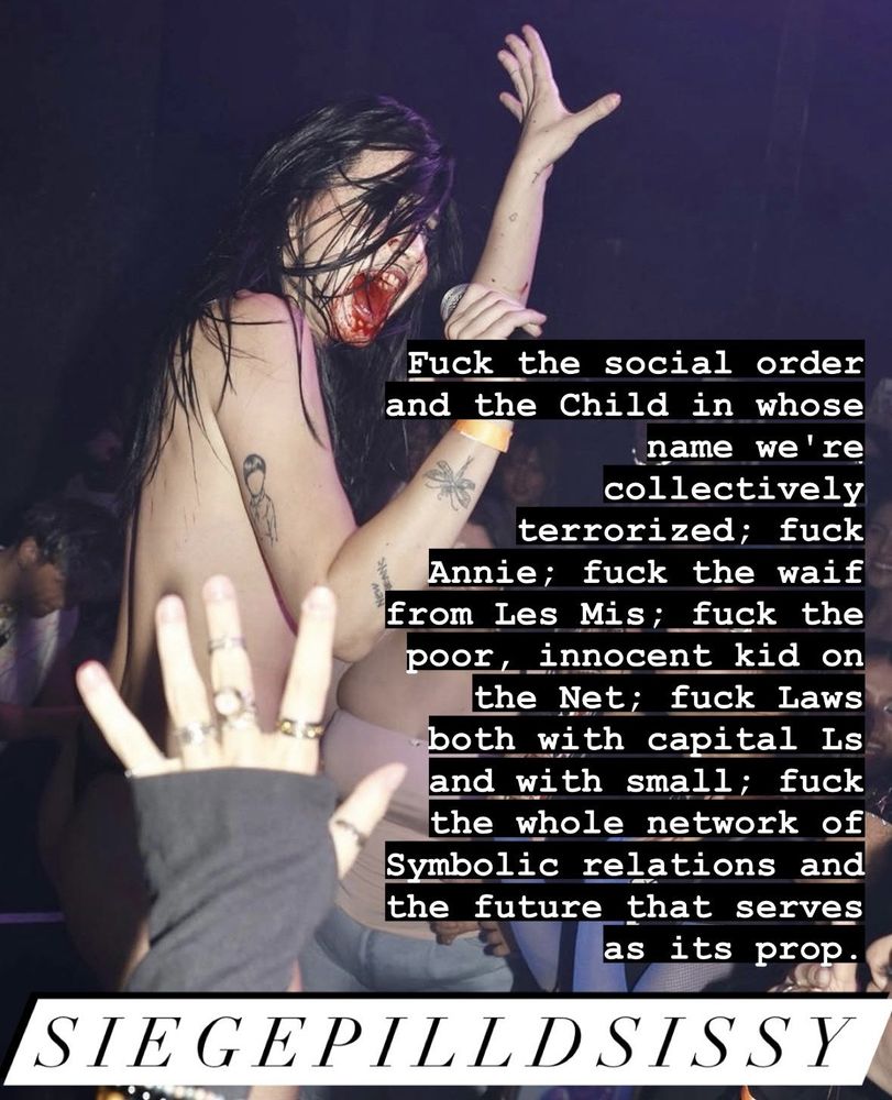 caption: Fuck the social order and the Child in whose name we’re collectively terrorized; fuck Annie; fuck the waif from Les Mis; fuck the poor, innocent kid on the Net; fuck Laws both with capital ls and small; fuck the whole network of Symbolic relations and the future that serves as its prop.
model: mel4ever, nude, blood pouring from mouth 