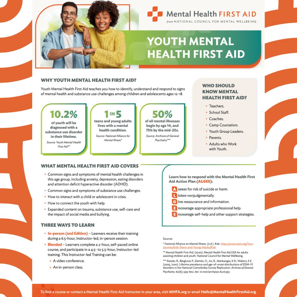 An informational flyer about Youth Mental Health First Aid from the National Council for Mental Wellbeing. The flyer includes statistics about youth mental health, details on what the training covers, and who should consider being trained, such as teachers, coaches, and youth group leaders.