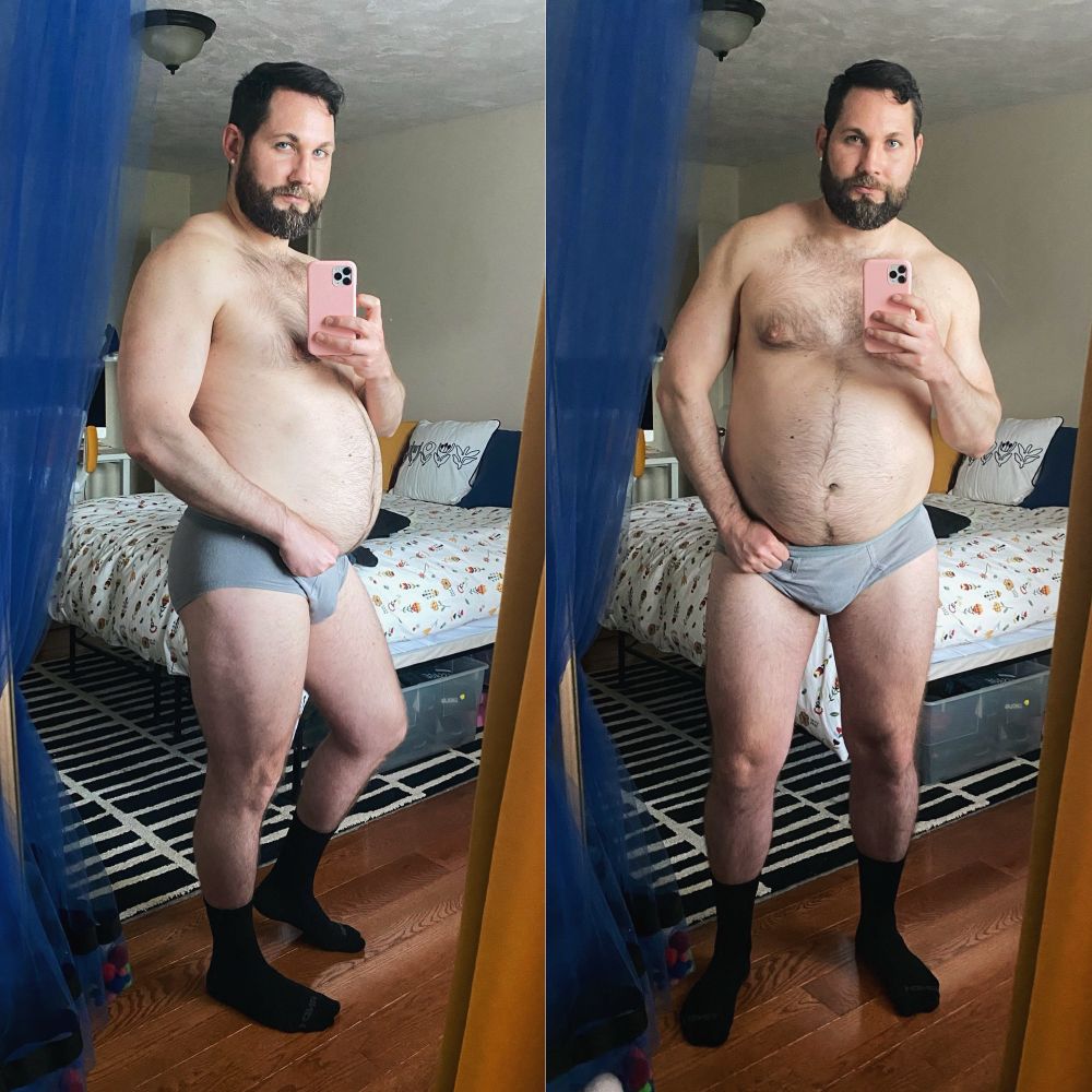 Side by side photos of a man standing in front of a mirror in his grey underwear while flexing his muscles and showing off his big belly.
