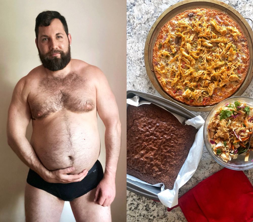 Split photo of a man on the left holding his big stuffed belly after eating a heavy cheat meal consisting of a chicken veggie cauliflower crust pizza, a large Asian chicken salad, and a pan of fudge brownies.