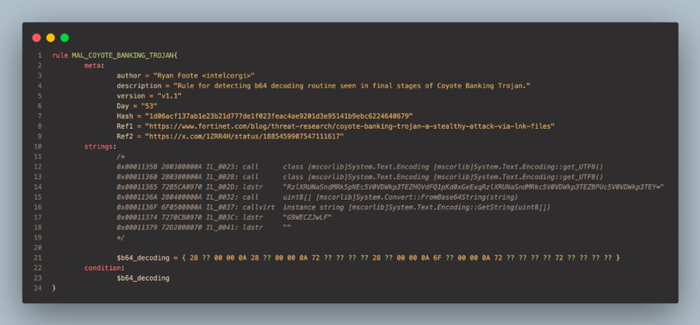 My YARA rule for detecting the b64 routine seen in the Coyote Banking Trojan