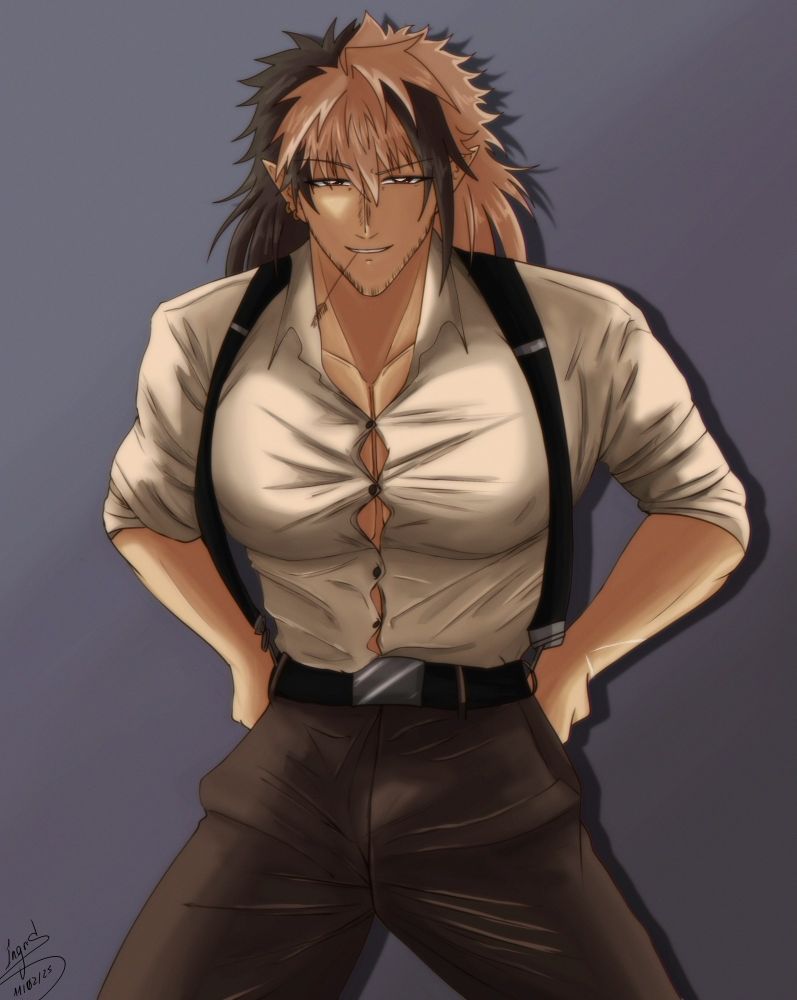 Vermillion Ruze, slightly hunched, with a shirt that is fighting for its life