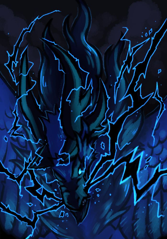 A digital illustration of a blue and black, bird-like wyvern, from the waist up, summoning crackling blue-black lightning. They have a snarling expression on their face and their wings are spread wide open, and there are dark storm clouds in the background.