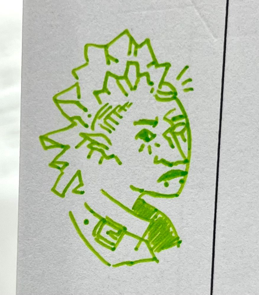 green pen drawing of ashton with very simple lines. they have a crude mohawk hairstyle.