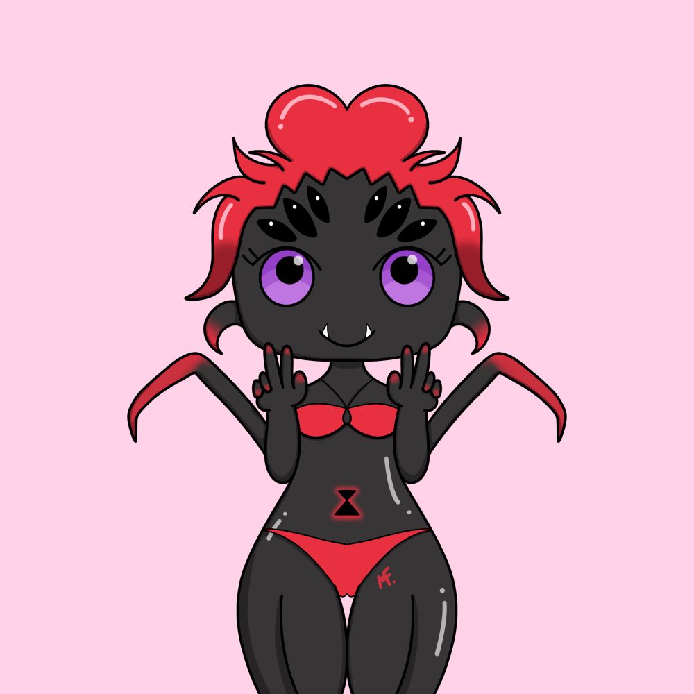 Black widow chibi with red tinted fingers/pedipalps and red hair and bikini. Stomach has black and red hour glass. Hands showing peace signs at the cheeks, purple eyes, and pointy underbite teeth