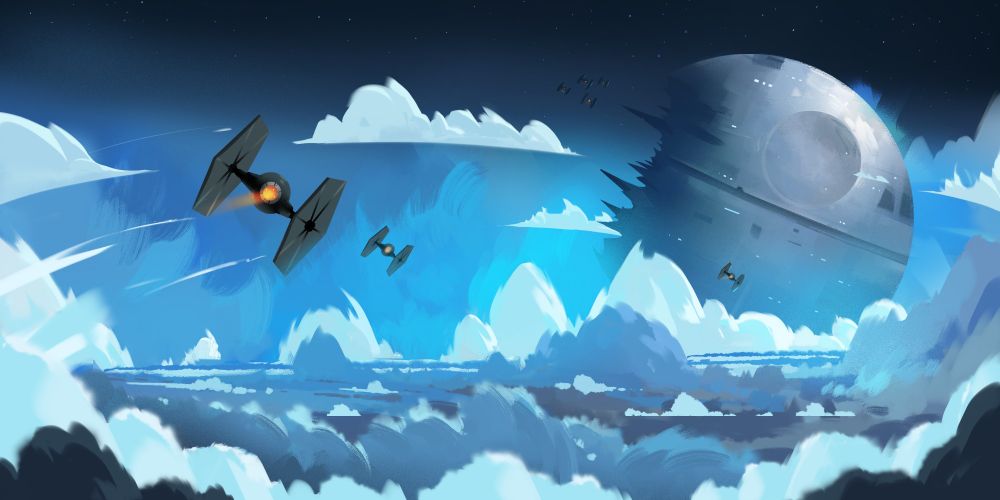 A painting of TIE fighters way up in the clouds flying towards a damaged death star far off on the horizon/
