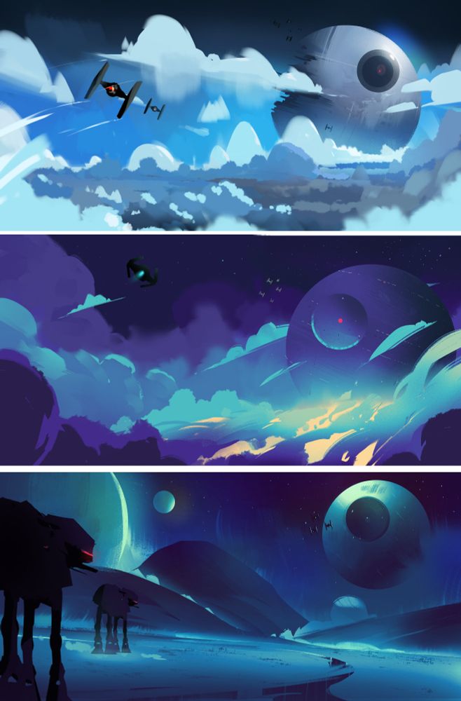 Three Alternate versions of painting.  First painting is TIE fighters way up in the clouds flying towards a death star off in the distance.   Second is the same scene but at night and the clouds and sky are blue and purple.  Third piece is at night on a desolate planet with some mountains off in the distance  Cold blue colors and purples.  There are two large "walkers in the foreground and a death star in the sky with TIE fighters heading toward it in the background. 