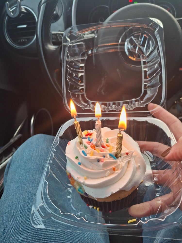 Cupcake with 3 lit candles